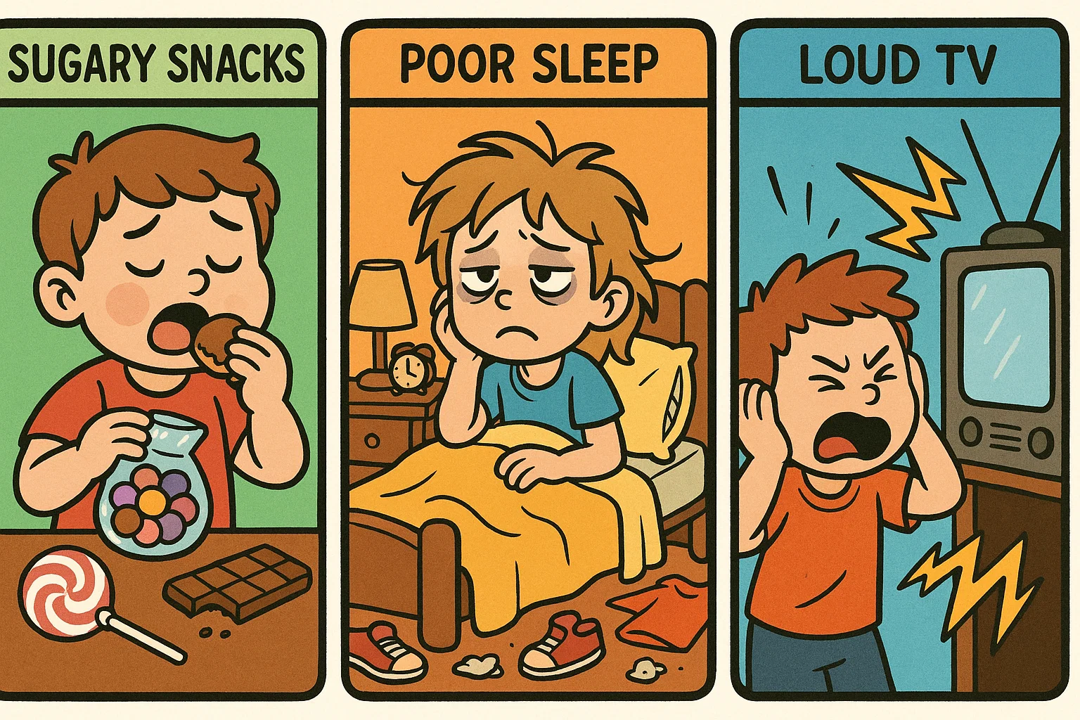Unhealthy habits in children including sugary snacks, lack of sleep, and exposure to loud TV noise.