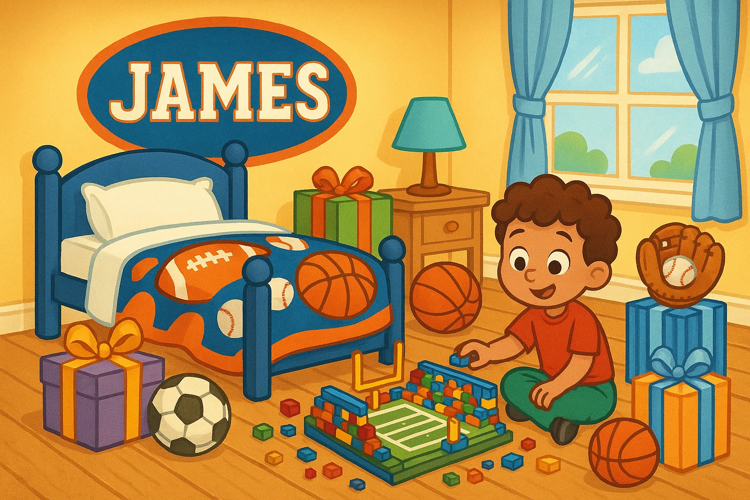 A cartoon bedroom with a personalized wall decal, a sports-themed blanket, and a kid building a LEGO stadium.