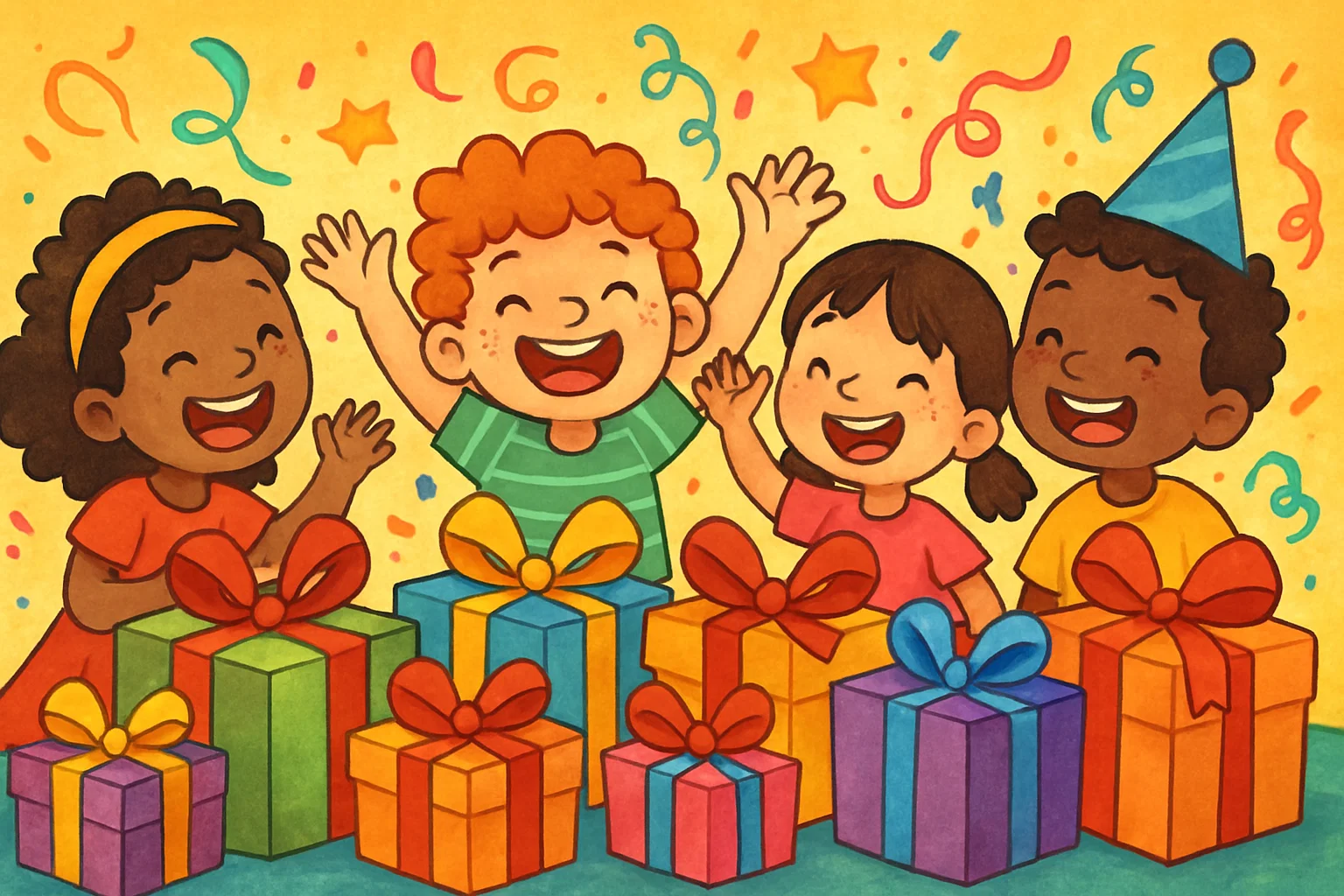 A vibrant cartoon of happy kids surrounded by magical and unique gifts, illustrated in a playful style. A vibrant cartoon of happy kids surrounded by magical and unique gifts, illustrated in a playful style.