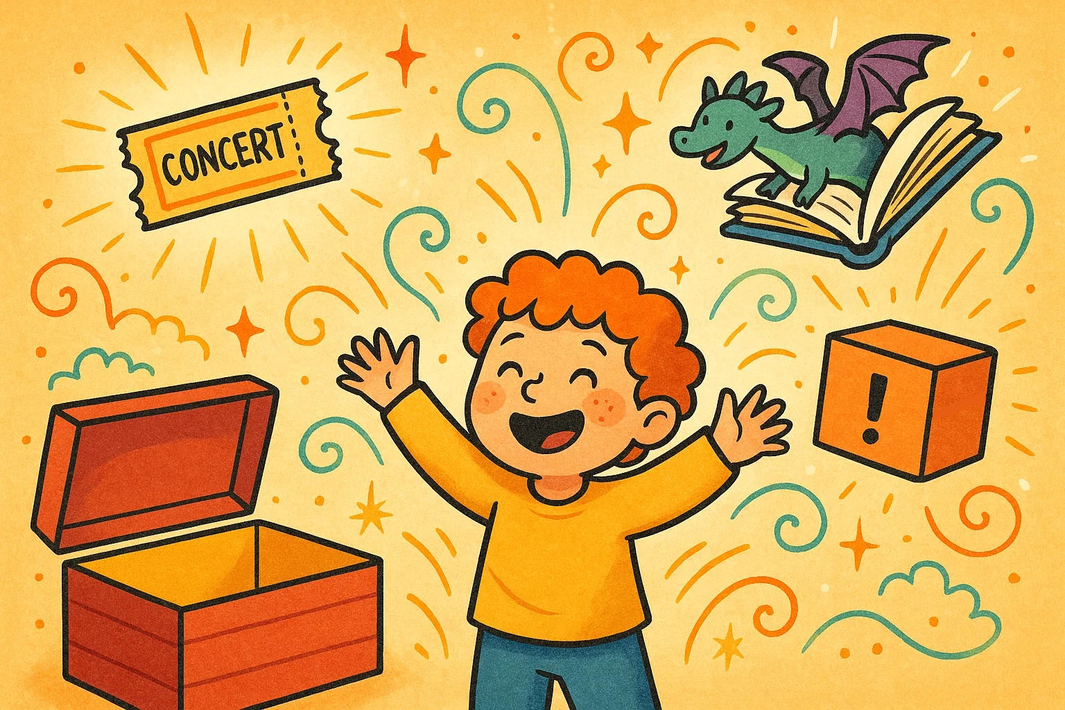 A whimsical cartoon where a child receives magical, non-toy gifts like a concert ticket and a flying book from a subscription box. A whimsical cartoon where a child receives magical, non-toy gifts like a concert ticket and a flying book from a subscription box.