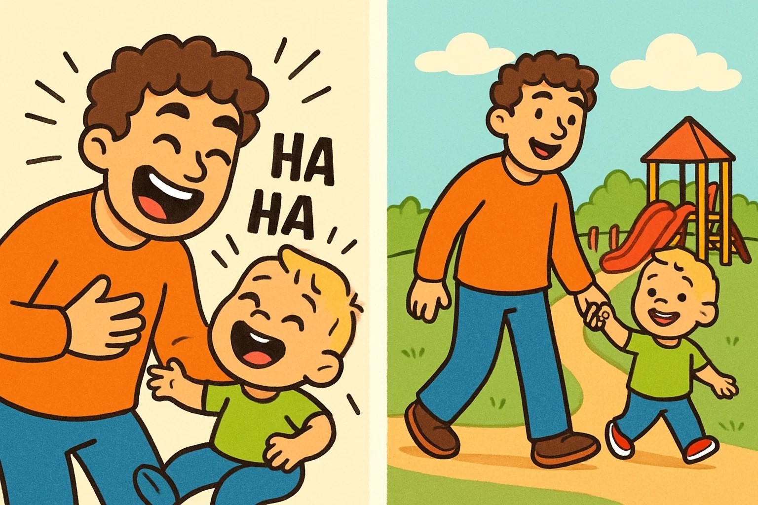 A cartoon showing a parent laughing with a child and another scene of a parent keeping a promise by going to a playground.