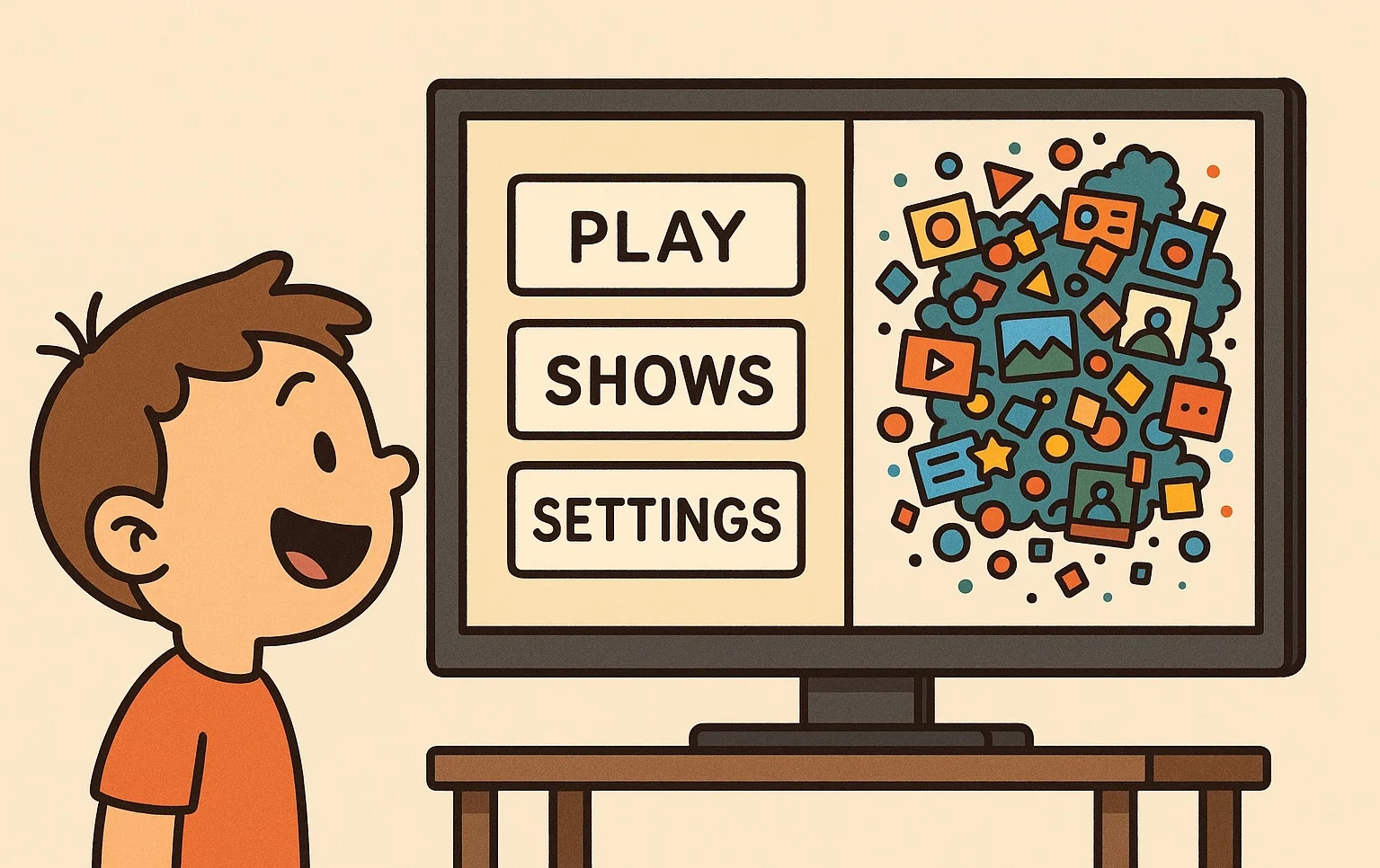 Cartoon illustrating user experience with a clean, simple interface on one side and a cluttered, confusing interface on the other.