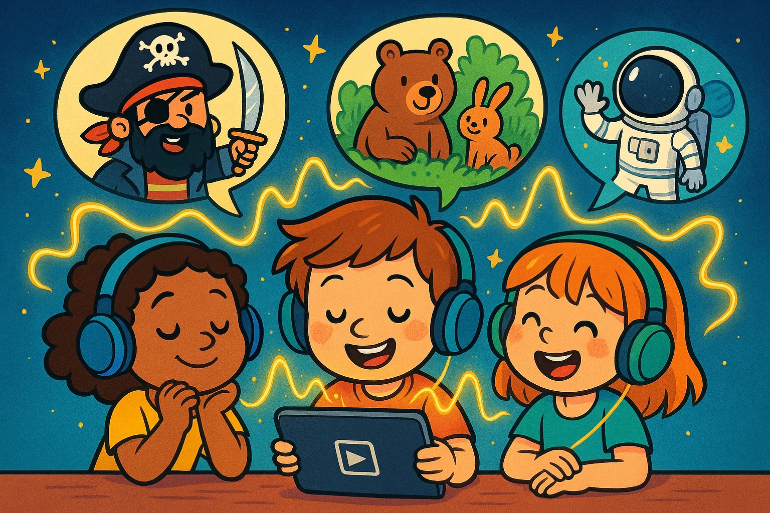 Cartoon kids using audiobooks and digital tools for reading fun.