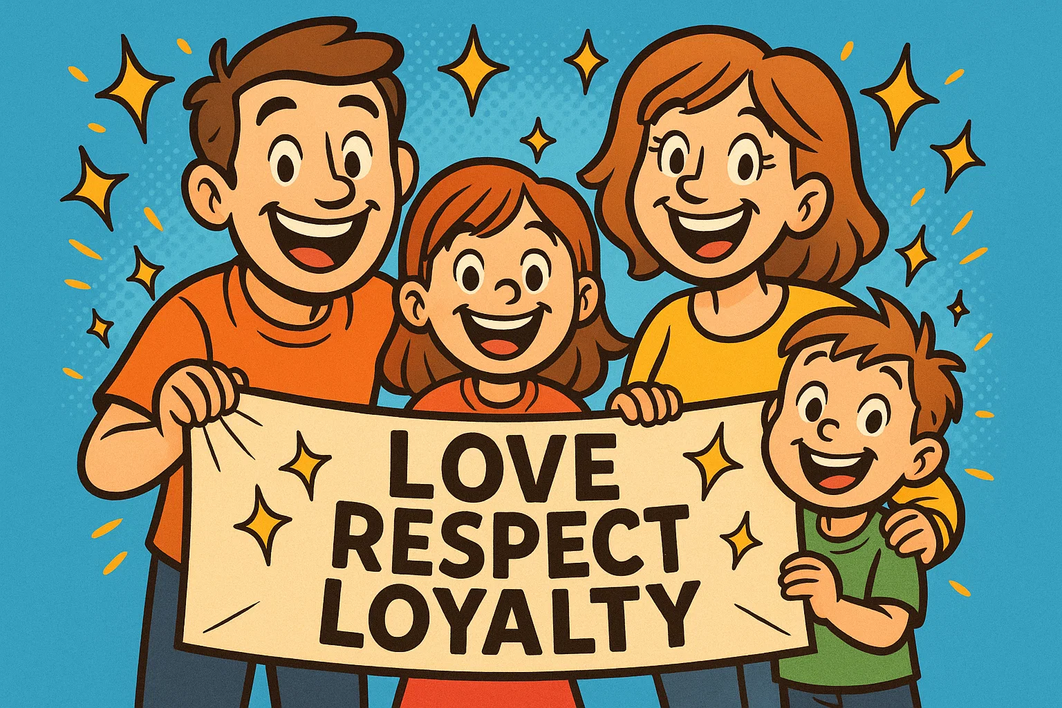 Cartoon showing values that strengthen families such as love, respect, loyalty. Cartoon showing values that strengthen families such as love, respect, loyalty.
