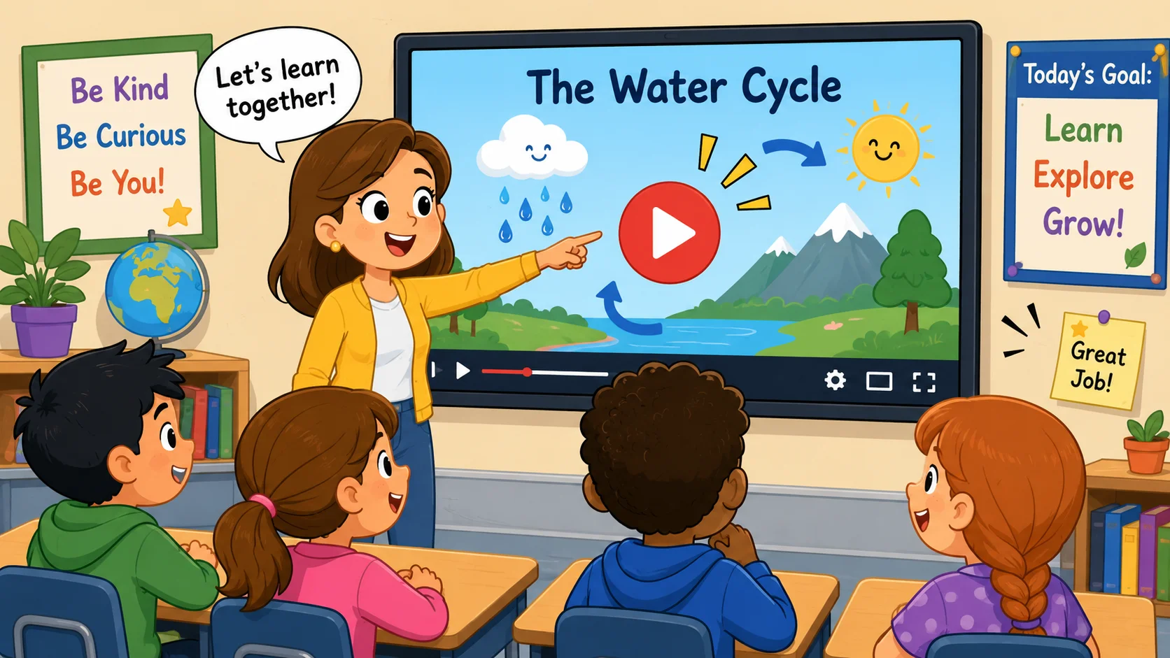 Video based learning classroom with students watching educational video. 