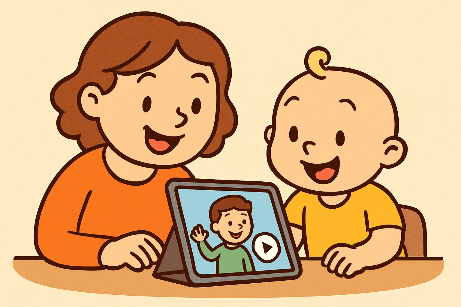 Cartoon family watching storytelling video together