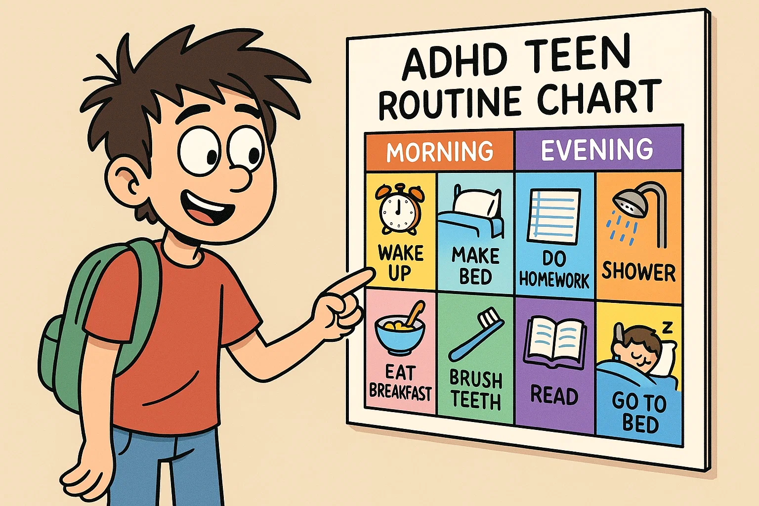 Cartoon showing teen using visual schedule for routine. Cartoon showing teen using visual schedule for routine.