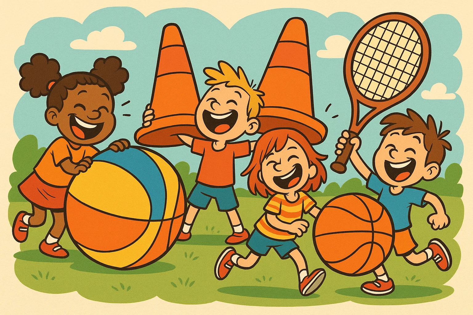 A group of smiling children holding a basketball, tennis racket, and cones. Ways to make sports experience enjoyable.

