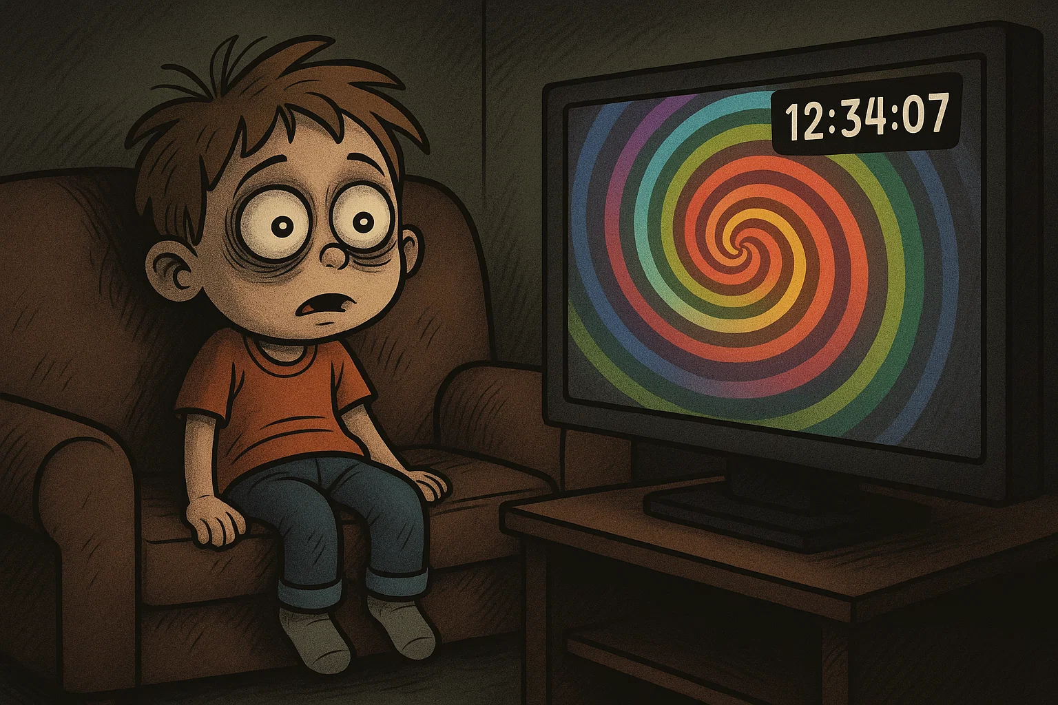 Cartoon of a mesmerized child on a couch, hypnotized by the endless viewing and addictive nature of Netflix.