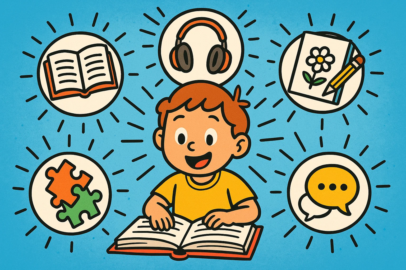 Cartoon child with icons showing fun reading activities and learning tools.
