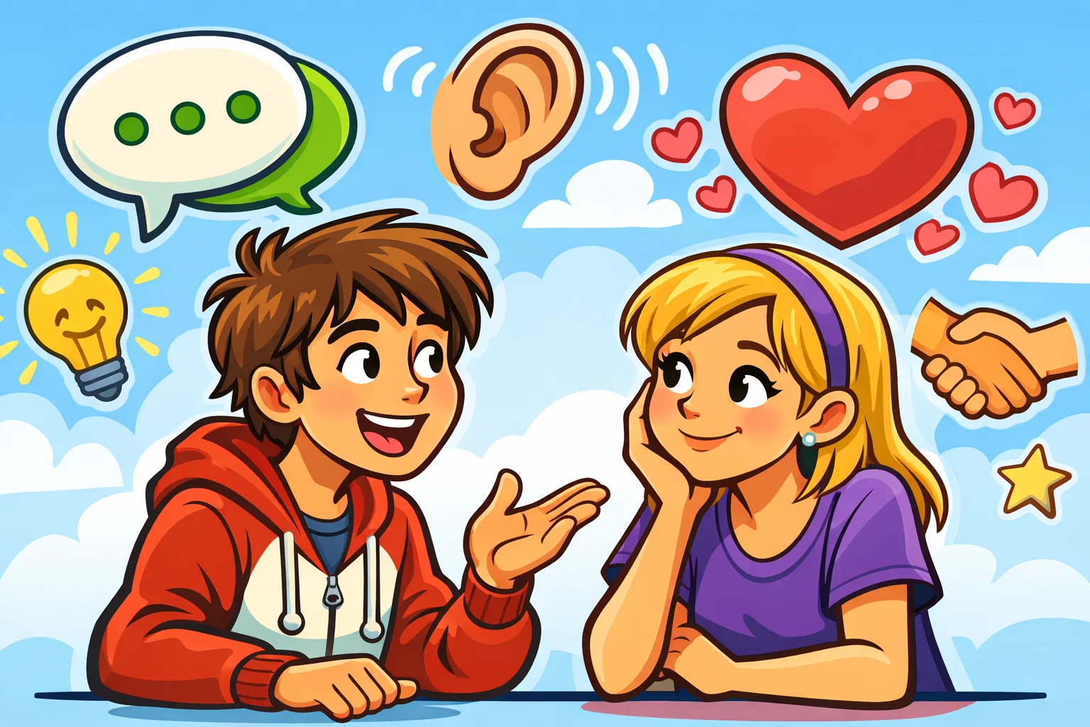 Two teens having a conversation with icons representing social skills like listening and empathy.

