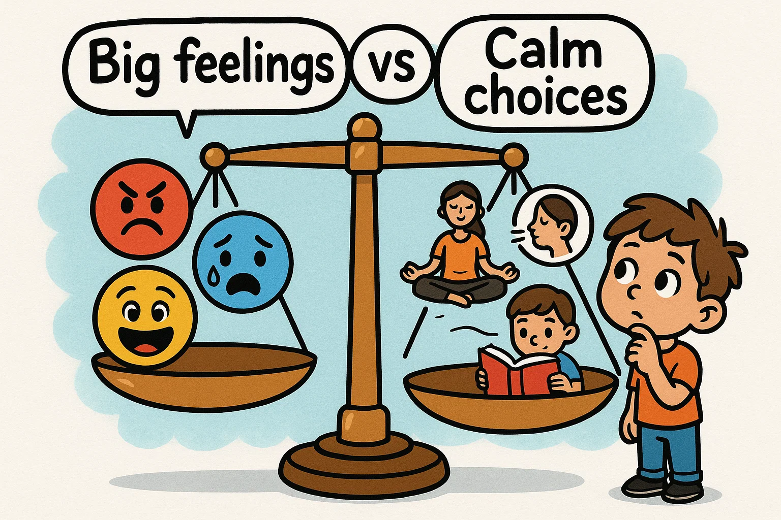 Cartoon child learning what emotional regulation is with a balanced scale of feelings. Cartoon child learning what emotional regulation is with a balanced scale of feelings.