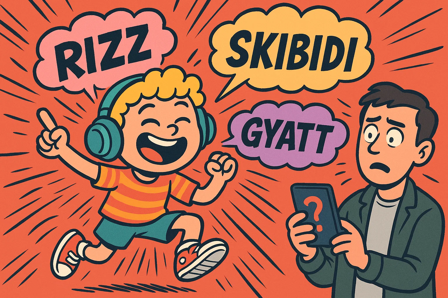 A cartoon illustration of a Gen Alpha kid surrounded by slang words, while a confused millennial looks on.