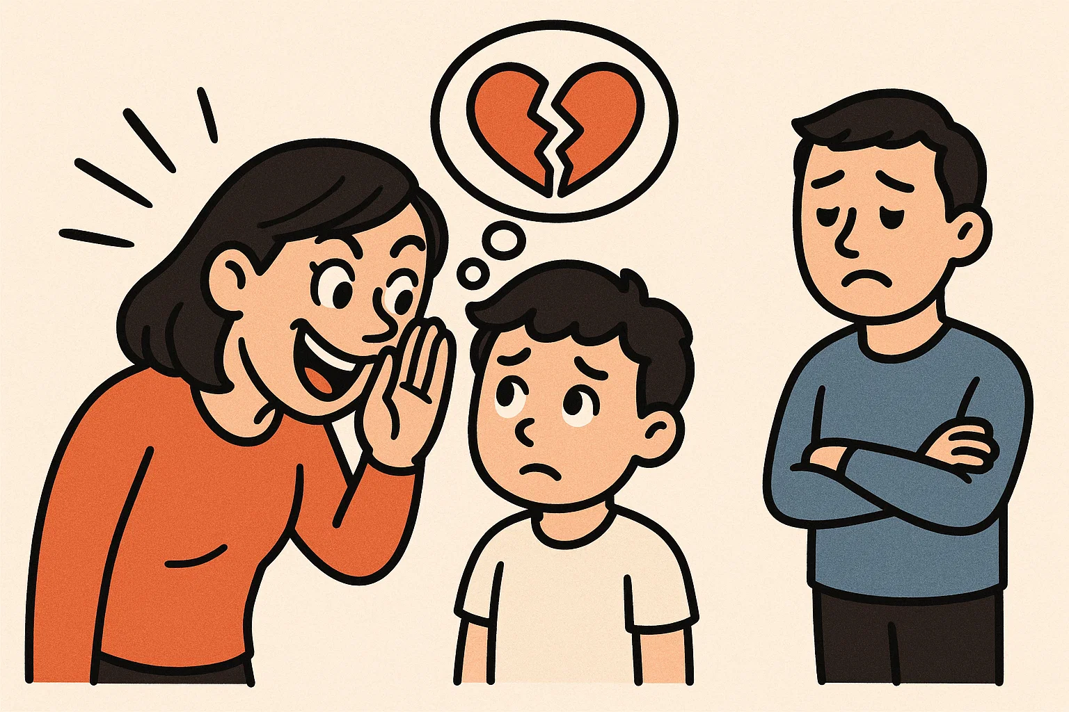 Comic illustration of what is parental alienation with parent influencing child.
