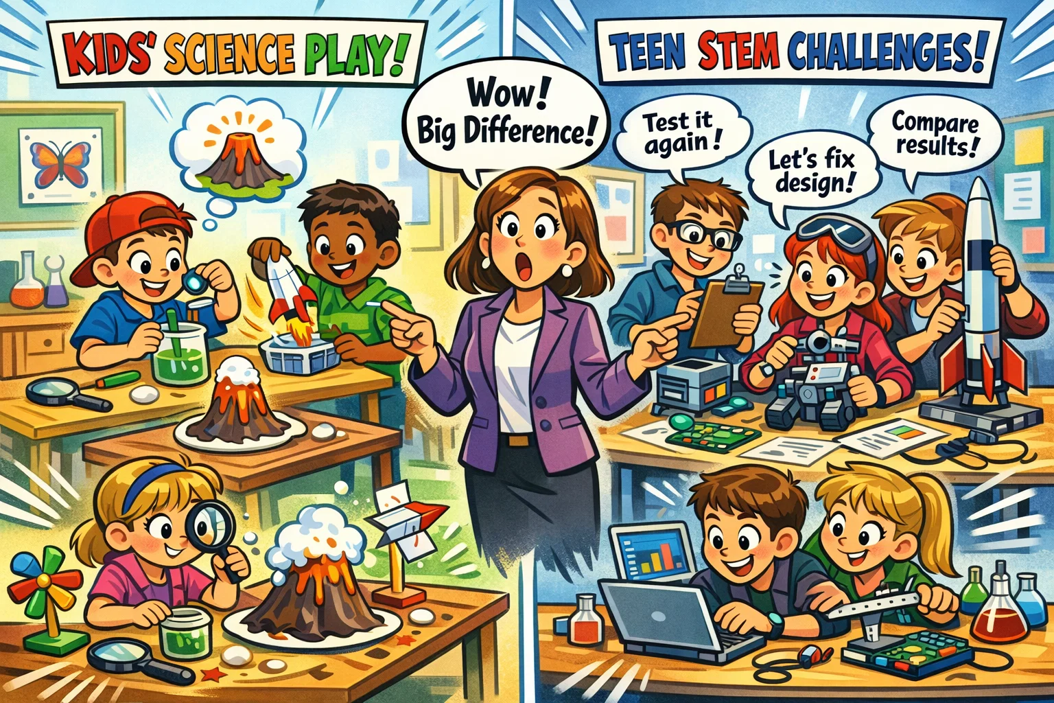 Comparison of STEM activities for teens versus kids showing advanced experiments and data analysis.

