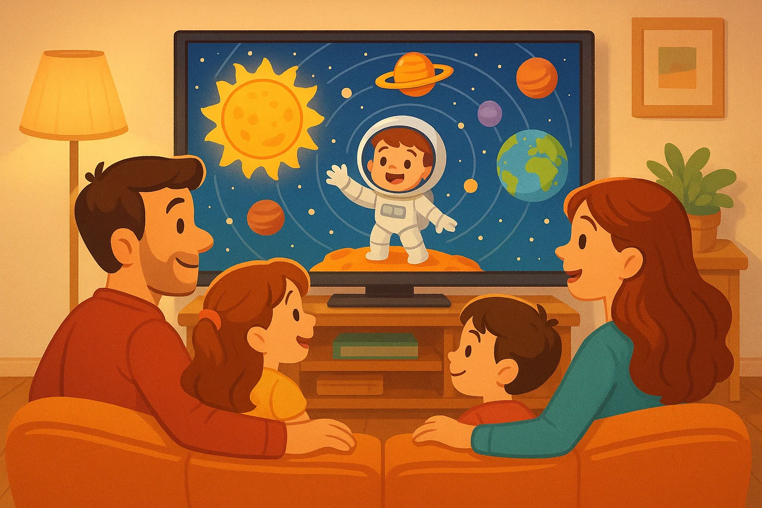 Cartoon of a family watching a high-quality, educational show together on Netflix in a cozy living room.