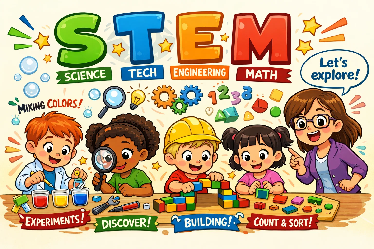 What STEM means for 3-5 year olds with science, engineering, tools, shapes, and counting.