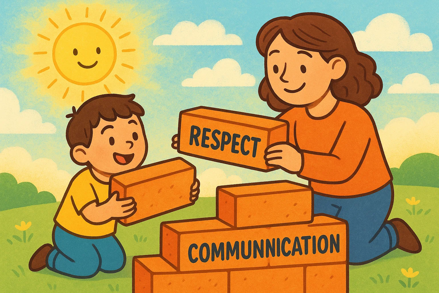 A cartoon of a parent and child working together to build a bridge, with the words “respect” and “boundaries” on the pieces.