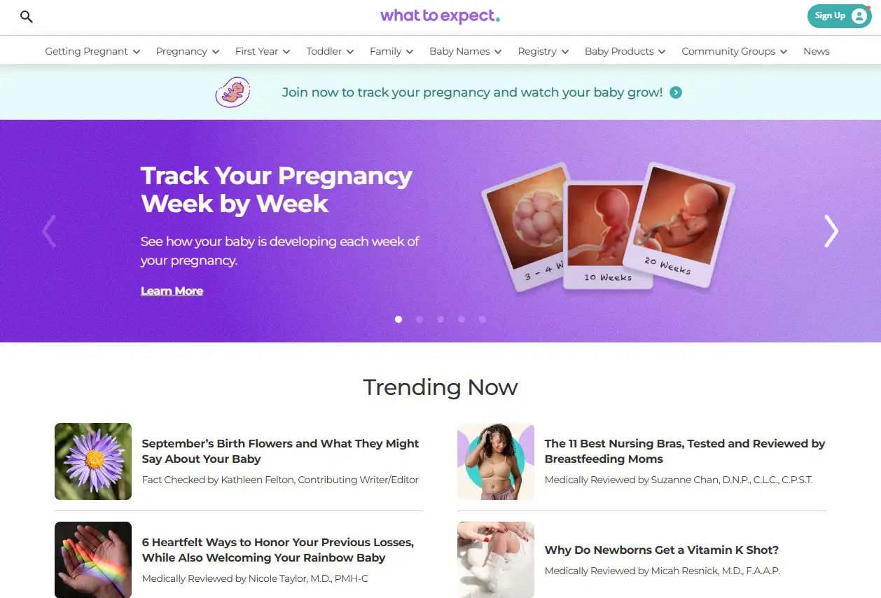 What to Expect blog homepage with pregnancy week by week tracking.