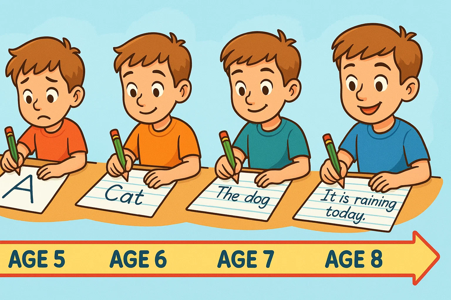 An educational cartoon timeline illustrating a child's handwriting development from simple letters to full sentences.