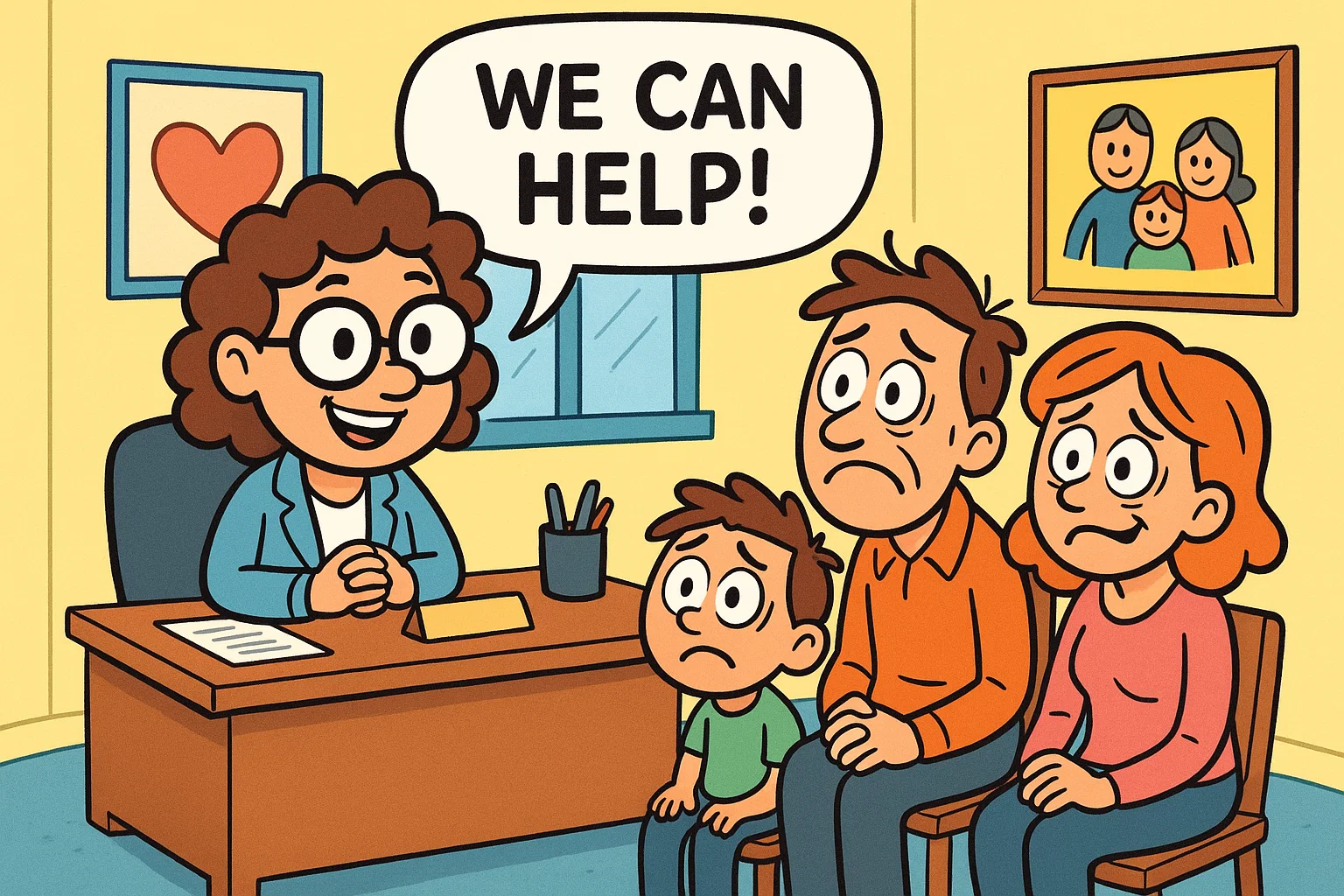 Cartoon of when to seek professional help for parental alienation with therapist and family.