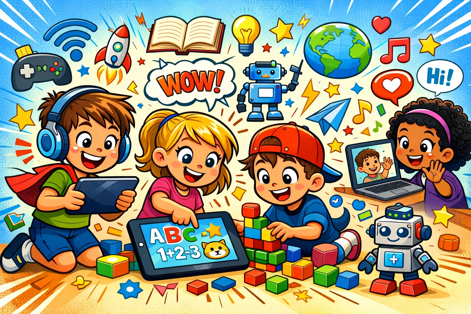 Gen Alpha kids using tablets, smart devices, and educational apps in a playful environment.

