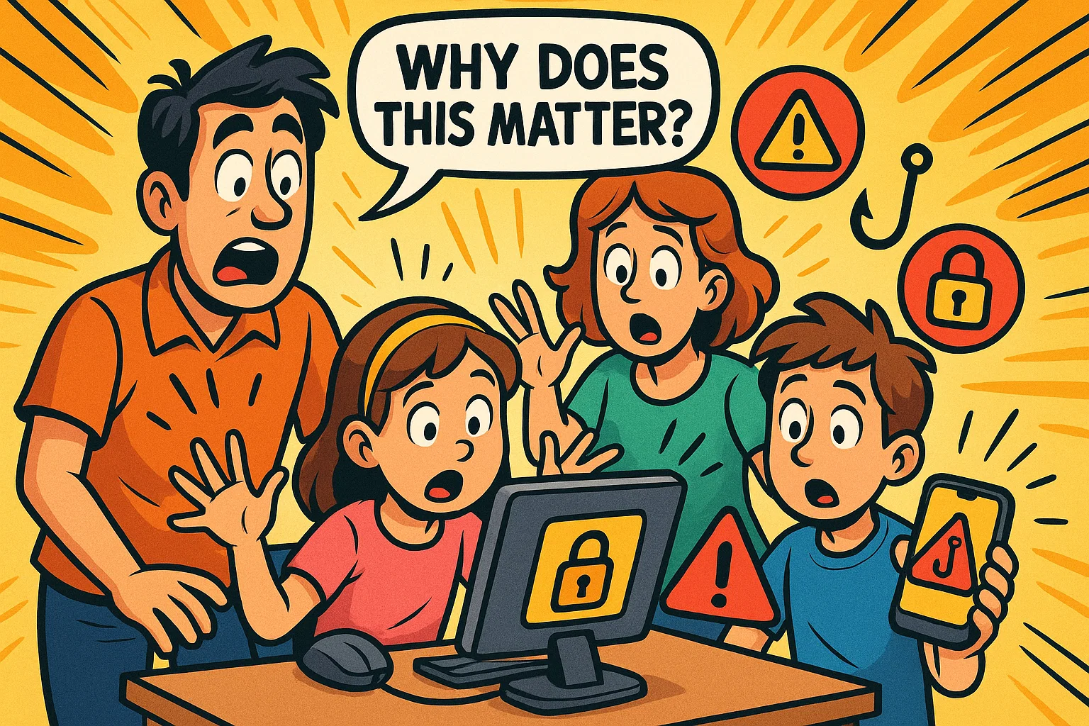 Cartoon family with computer and phone showing online safety warning icons. Cartoon family with computer and phone showing online safety warning icons.
