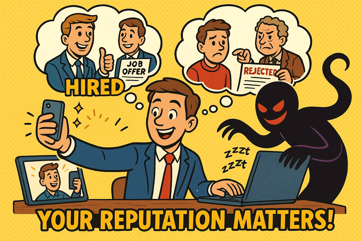Cartoon character posting online with reputation impact highlighting safety matters.
