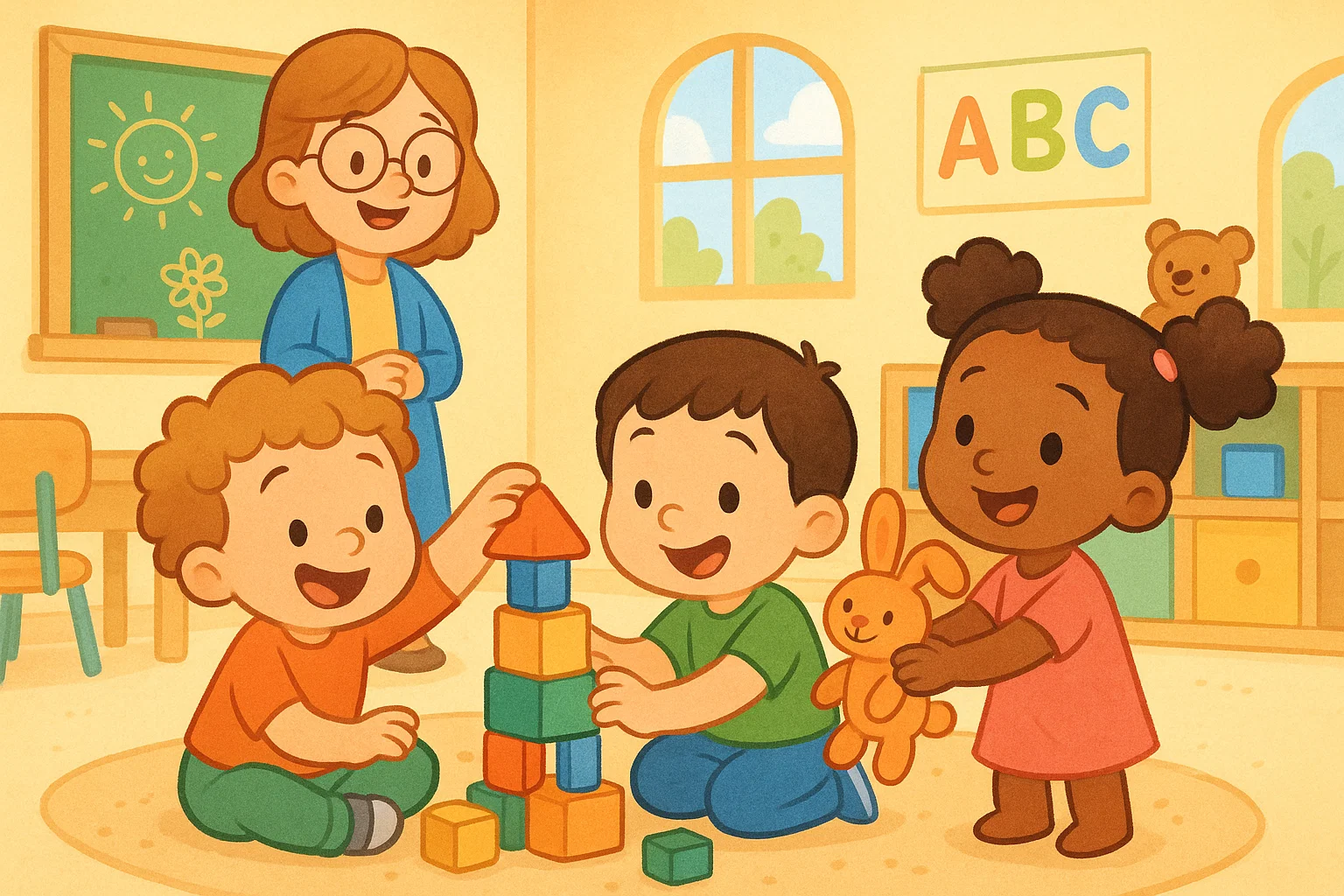 Cartoon of preschoolers learning to share and cooperate, showing why social skills are necessary in early childhood. Cartoon of preschoolers learning to share and cooperate, showing why social skills are necessary in early childhood.