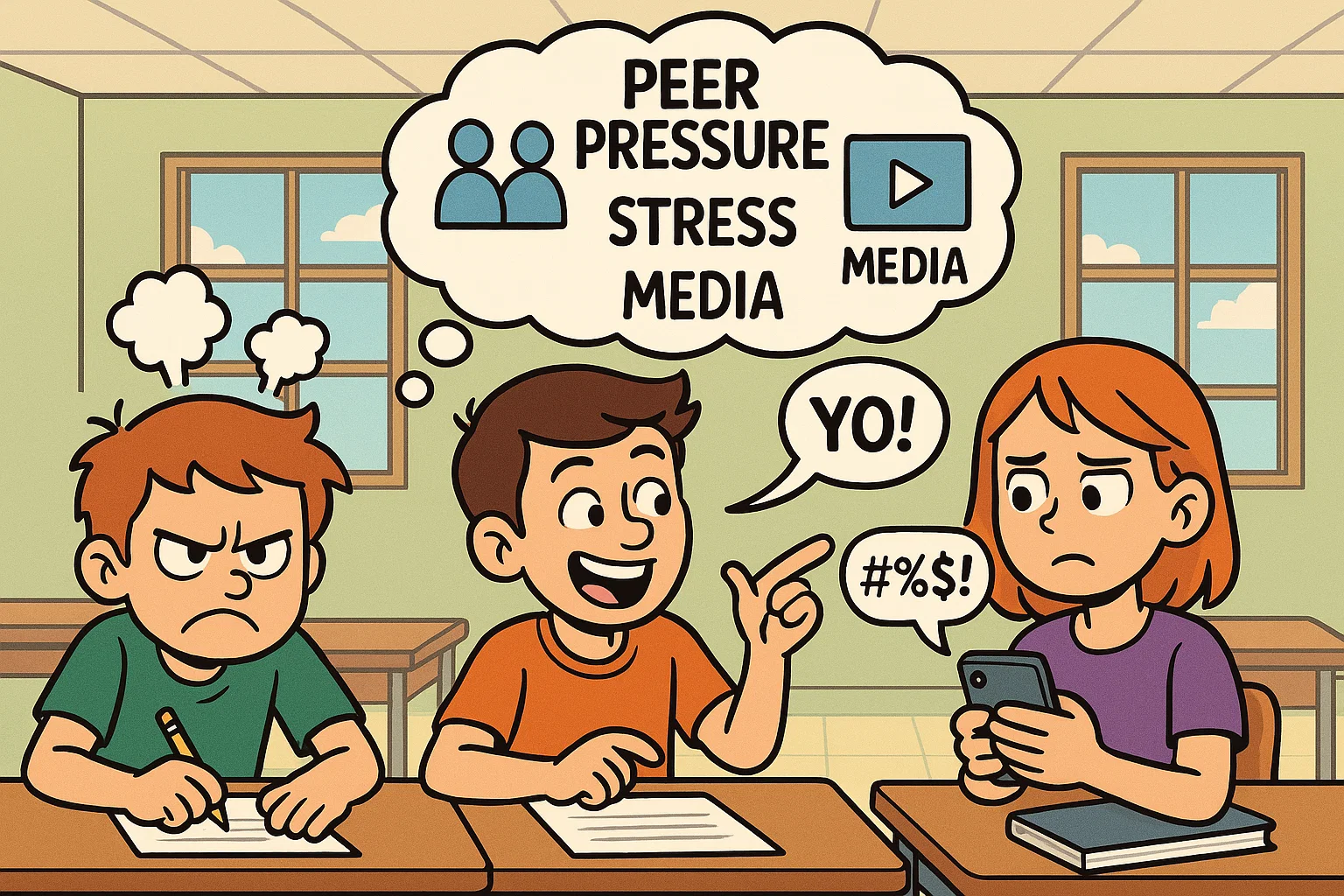 Cartoon students swearing at school influenced by peers stress and media. Cartoon students swearing at school influenced by peers stress and media.
