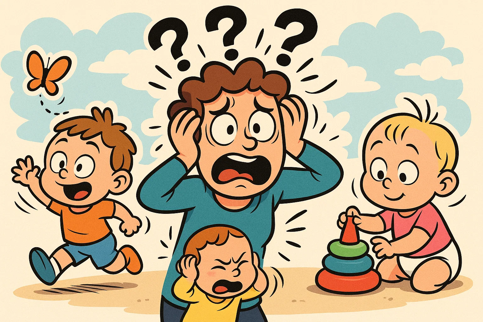 Cartoon illustration of toddlers not listening and ignoring parent in playful scene.
