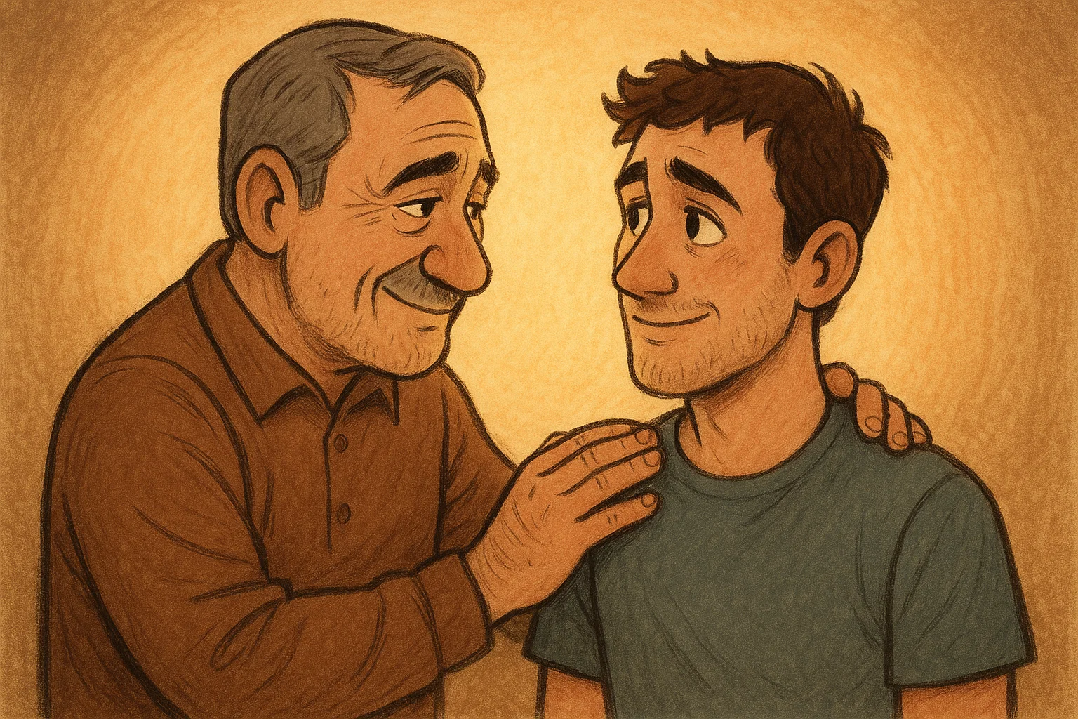 A cartoon of a parent placing a hand on their adult son’s shoulder with a loving expression.