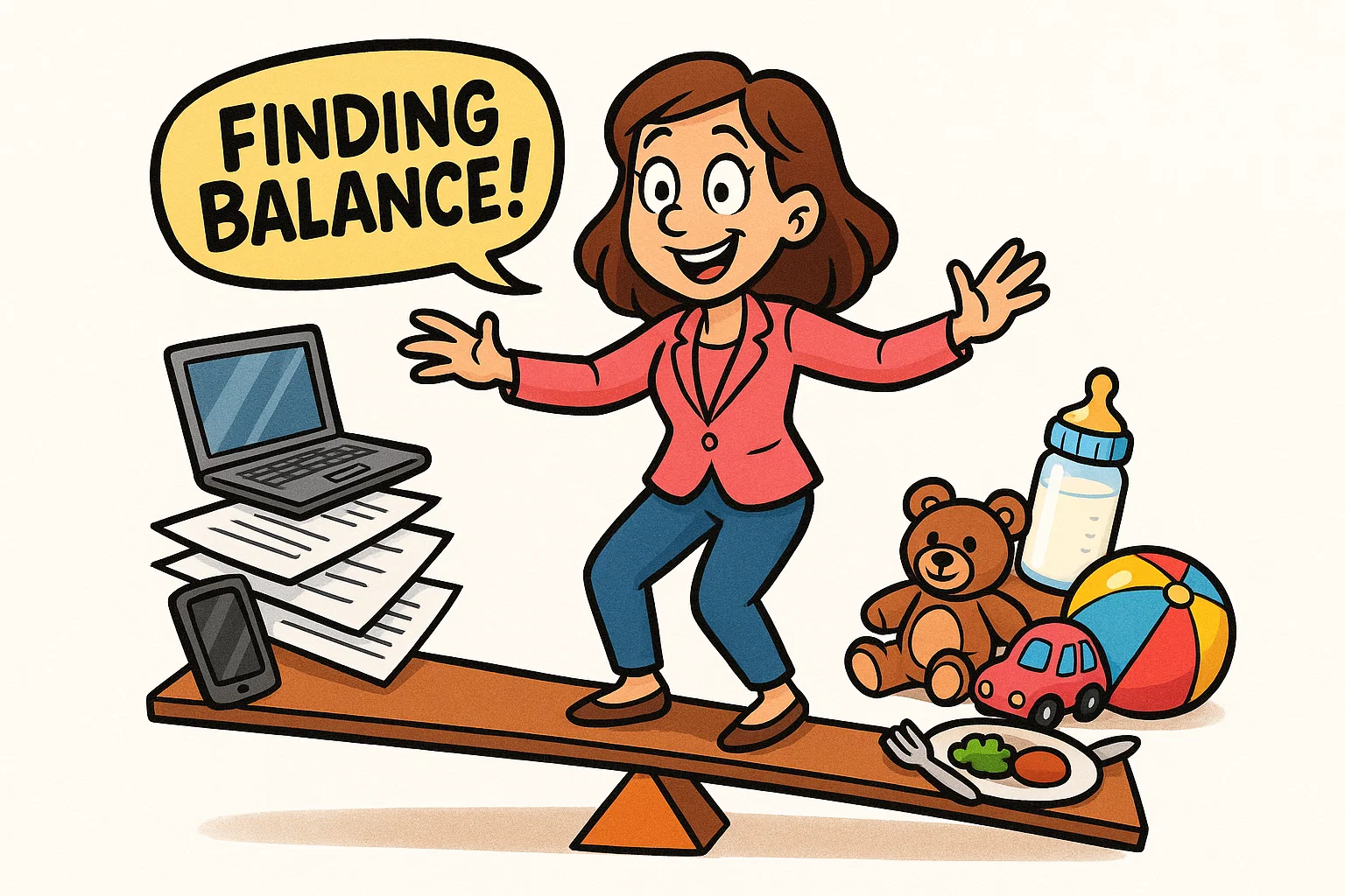 Working mom balancing career and family responsibilities in playful cartoon style.
