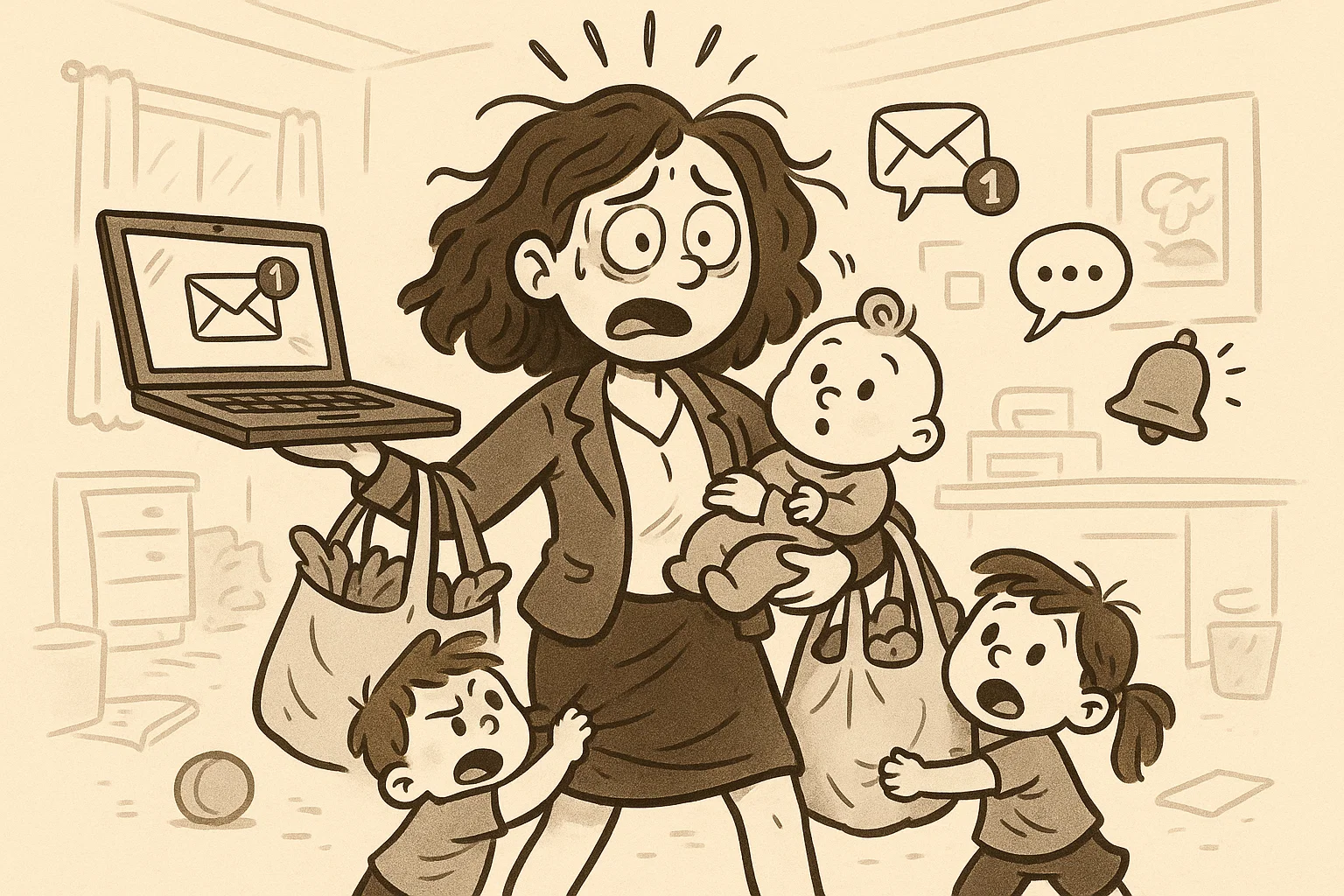 Working mom facing common challenges with stress and multitasking in cartoon style.
