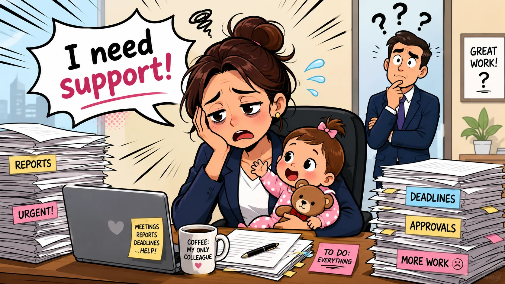 Working mom needs workplace support while handling deadlines and family responsibilities.