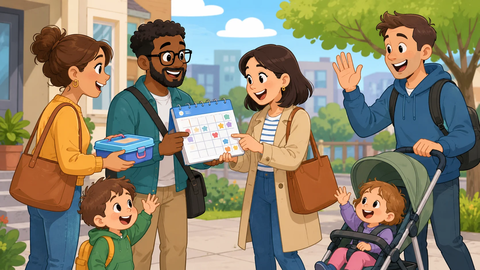 Working parents support network with shared calendar, lunchbox, and stroller. 
