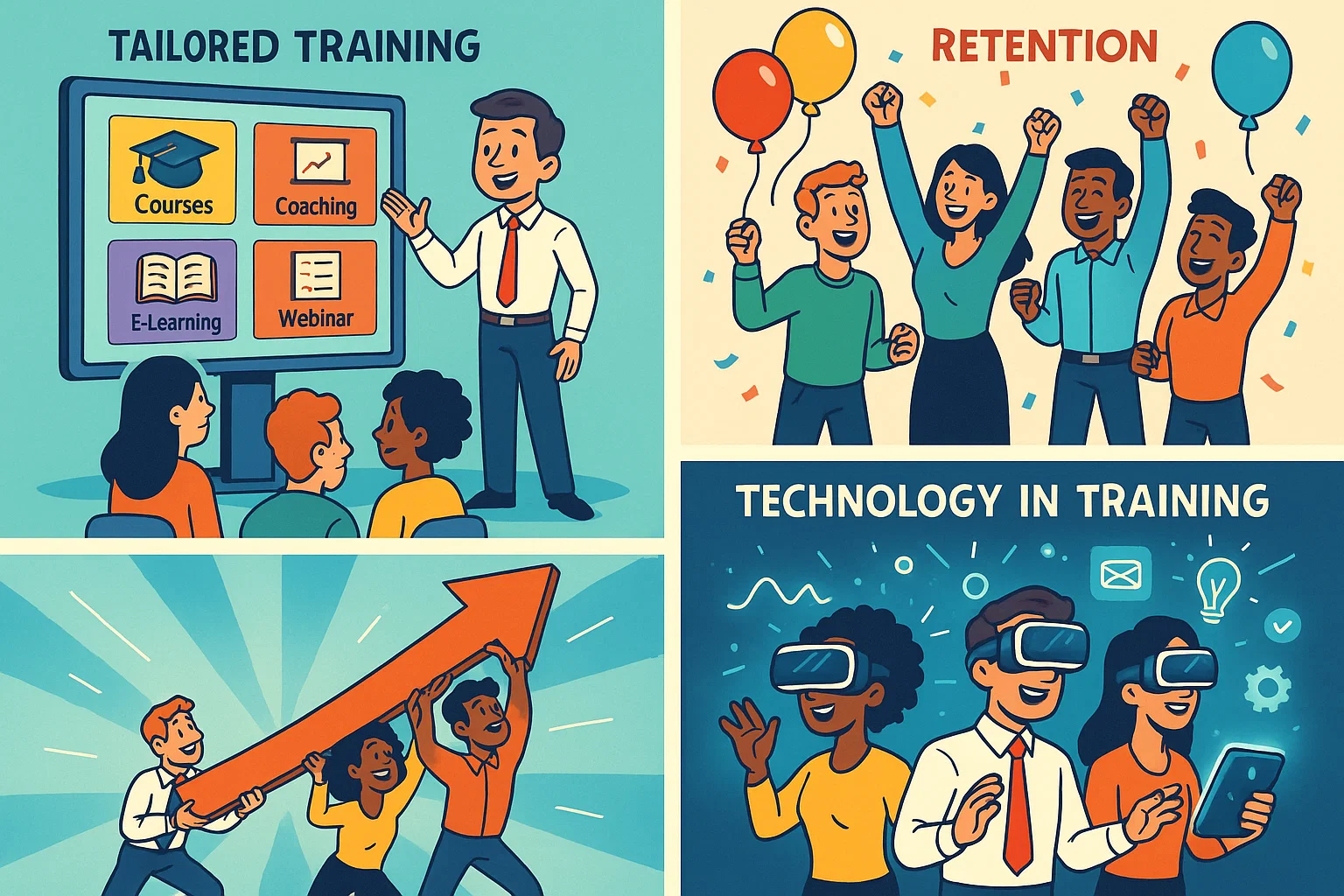 Office with trainer, employees, performance arrow and VR technology for learning styles.