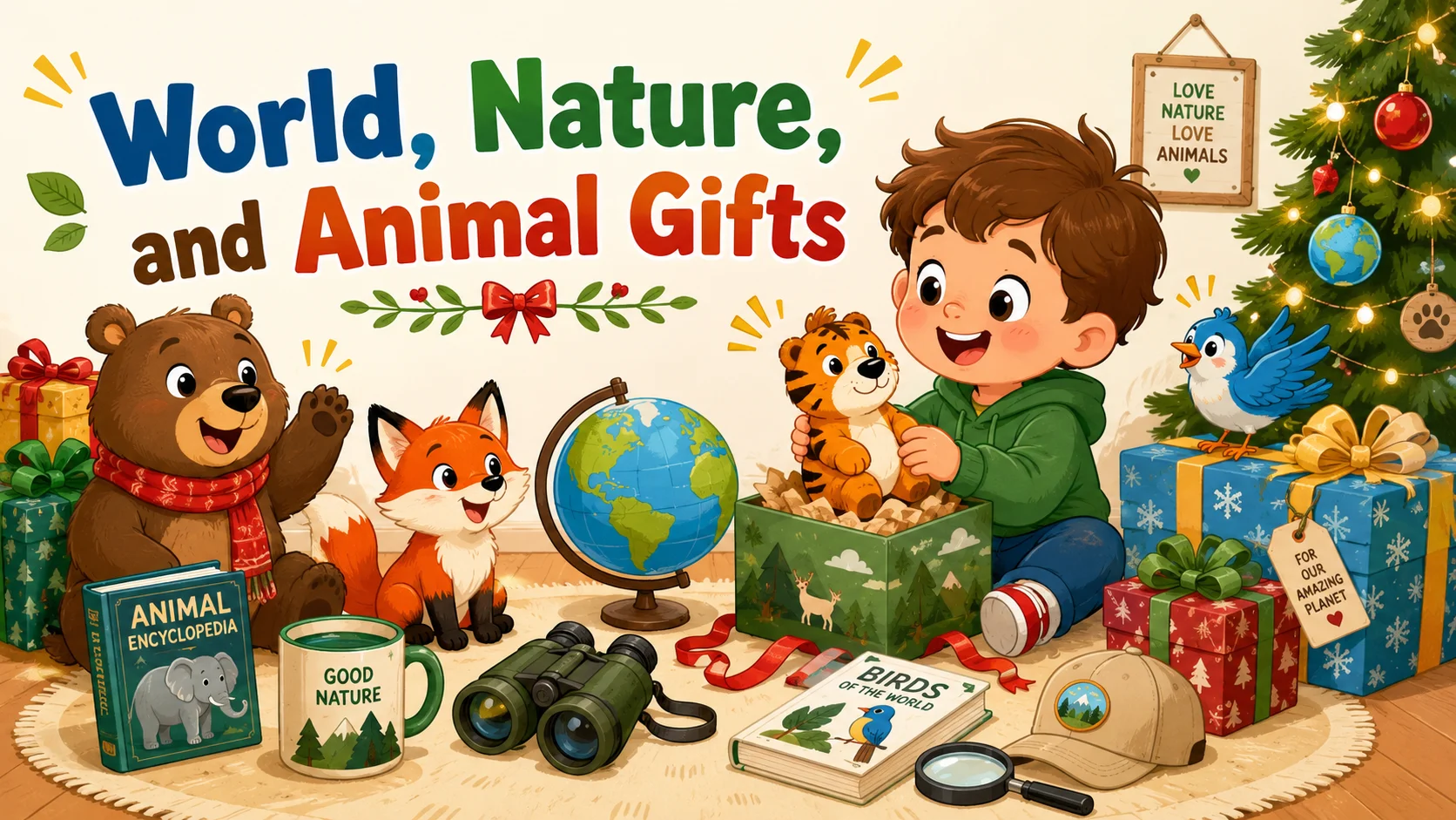 World nature animal gifts for preschoolers with globe, animal toys, and Christmas presents.