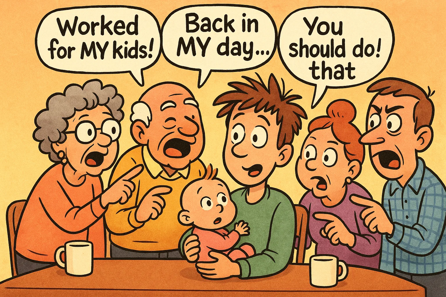 Parent with baby overwhelmed by multiple relatives giving unsolicited and outdated parenting advice Parent with baby overwhelmed by multiple relatives giving unsolicited and outdated parenting advice