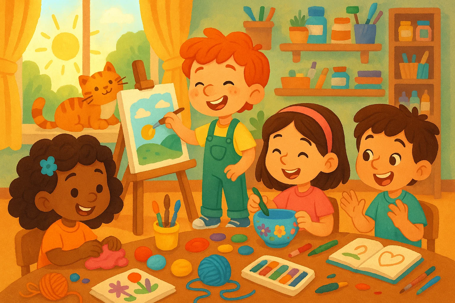 A cartoon of diverse kids happily painting and crafting in a colorful, sunlit art studio filled with supplies.