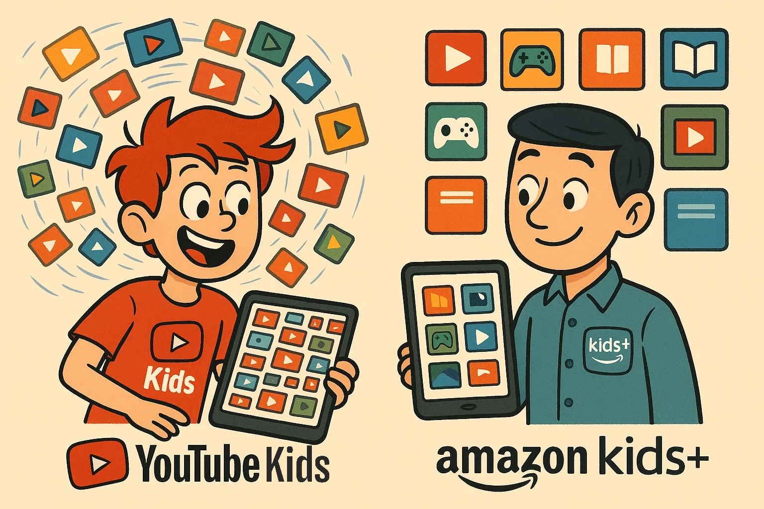 A cartoon of two characters, personifying YouTube Kids and Amazon Kids+ with their logos, comparing their content on tablets. A cartoon of two characters, personifying YouTube Kids and Amazon Kids+ with their logos, comparing their content on tablets.