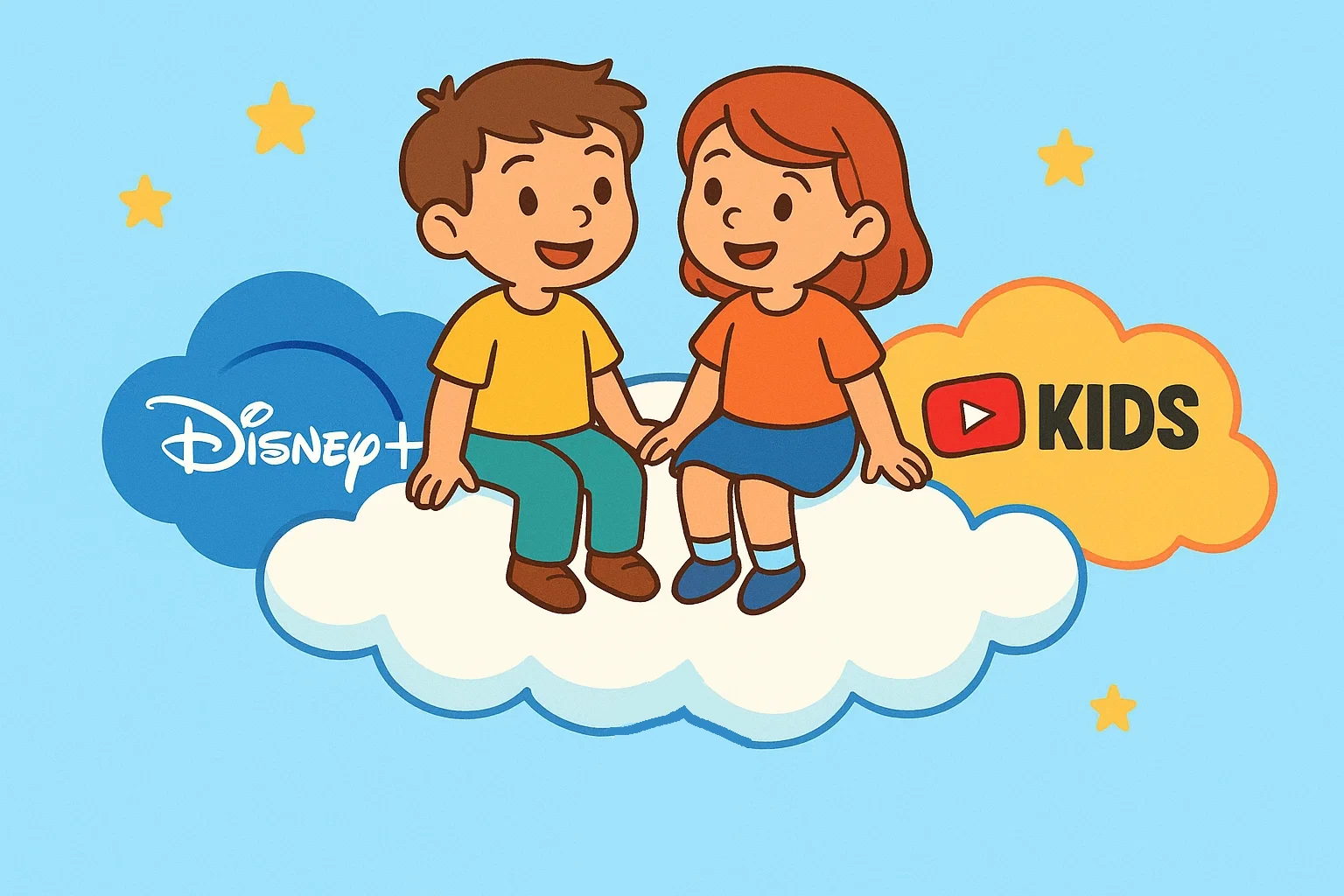 A cartoon of two kids on a cloud, choosing between YouTube Kids and Disney+ content. A cartoon of two kids on a cloud, choosing between YouTube Kids and Disney+ content.