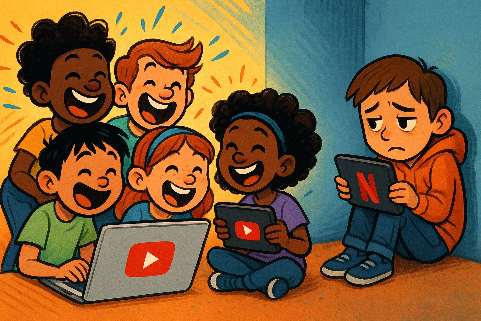 A colorful cartoon showing a group of kids excitedly watching YouTube, while one kid sadly watches Netflix alone. The logos are on the devices' backs. A colorful cartoon showing a group of kids excitedly watching YouTube, while one kid sadly watches Netflix alone. The logos are on the devices' backs.