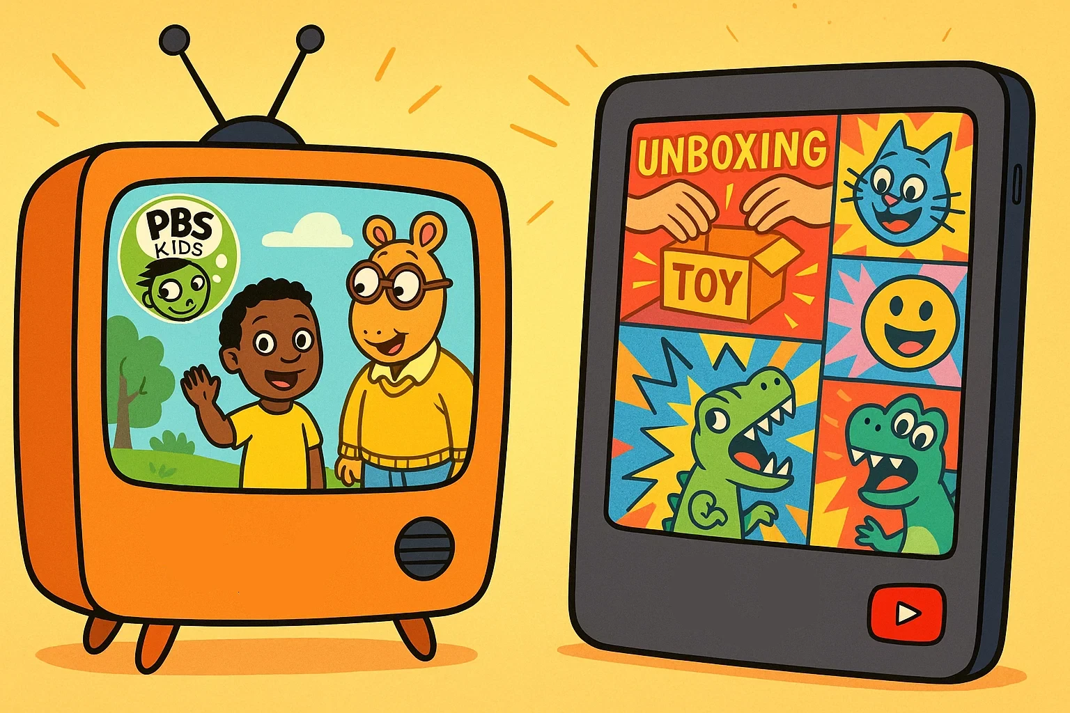 Cartoon image of a talking television showing PBS Kids content next to a tablet with YouTube Kids videos, highlighting the contrast. Cartoon image of a talking television showing PBS Kids content next to a tablet with YouTube Kids videos, highlighting the contrast.