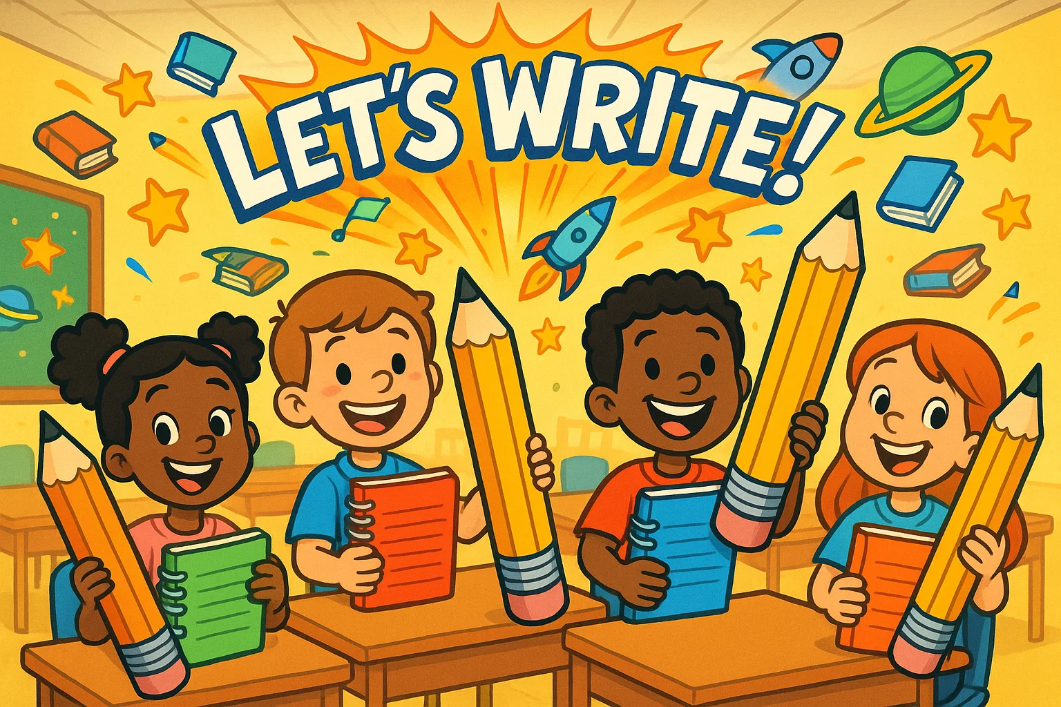 Cheerful first graders writing in a classroom with creative prompts and bright colors. Cheerful first graders writing in a classroom with creative prompts and bright colors.