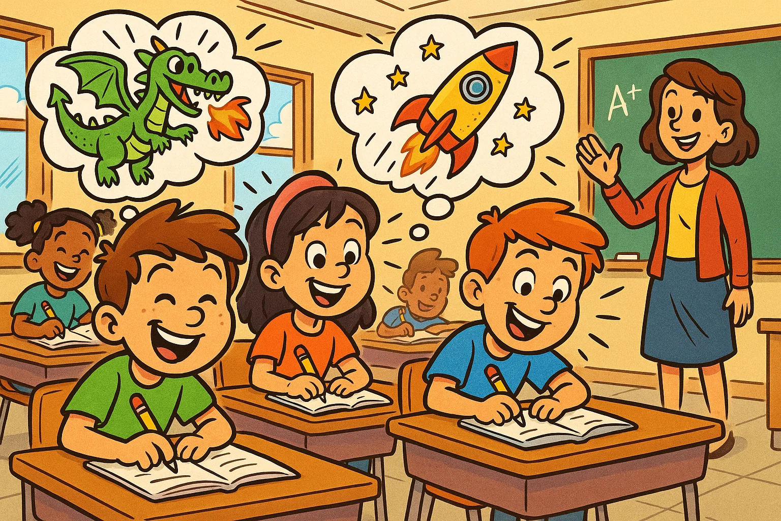 Cartoon of 2nd grade writing prompts showing students sparking creativity in classroom. Cartoon of 2nd grade writing prompts showing students sparking creativity in classroom.