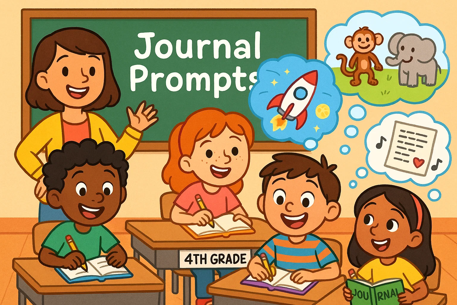 Cartoon 4th grade students writing journal prompts with creative ideas in classroom. Cartoon 4th grade students writing journal prompts with creative ideas in classroom.