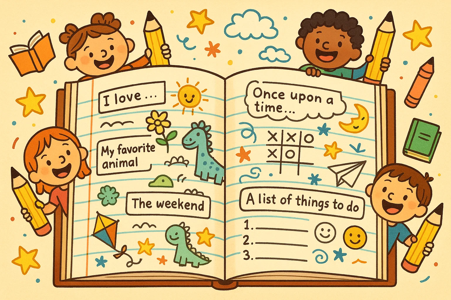 Cartoon list of 4th grade journal prompts in big notebook with children and doodles.
