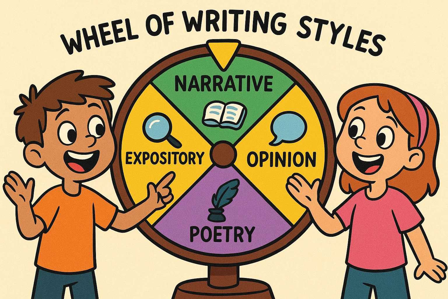 Cartoon wheel showing 4th grade writing prompts by type narrative opinion poetry.