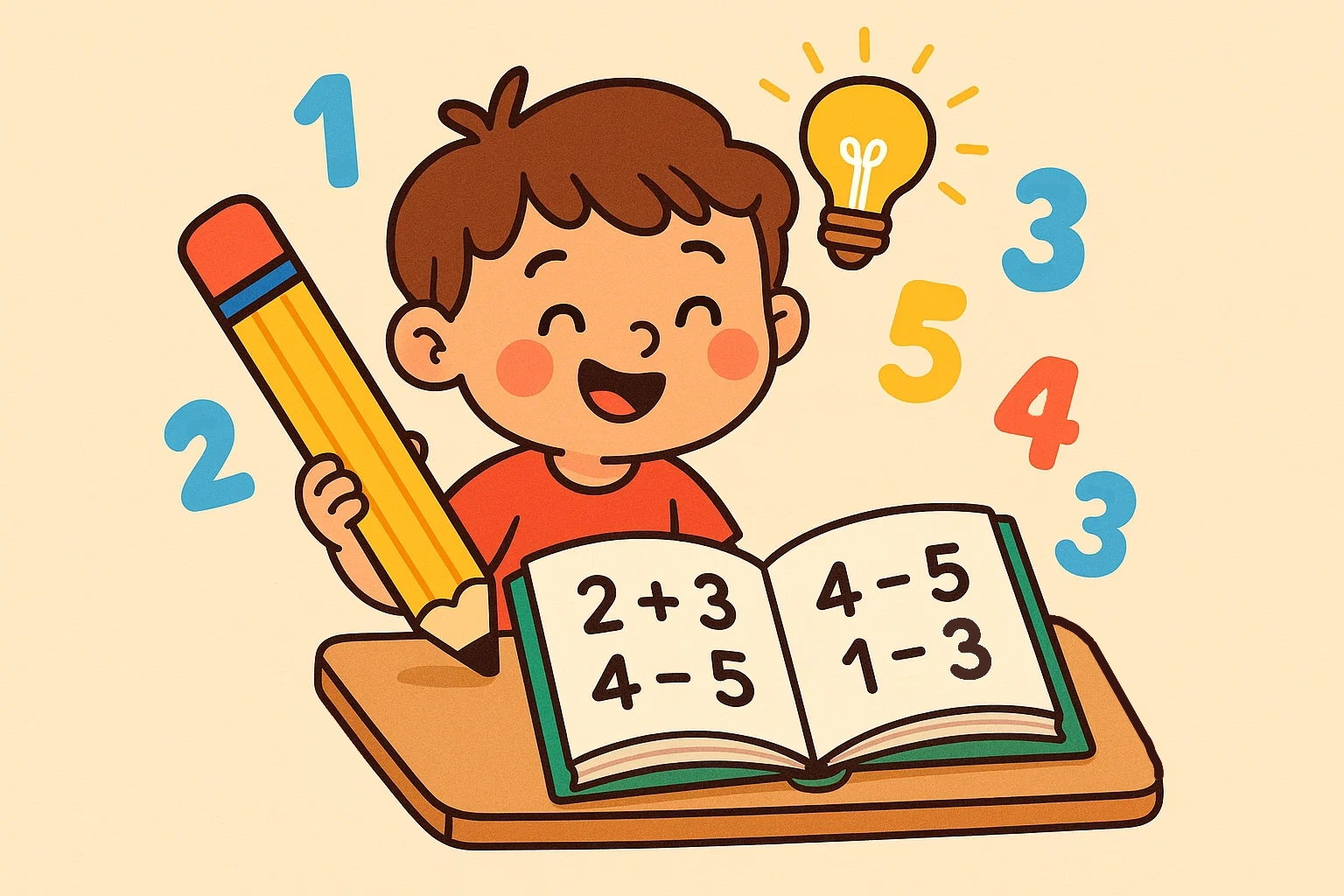 Cartoon of a child at a desk with a large math book, a giant pencil, and a lightbulb for academic learning skills.